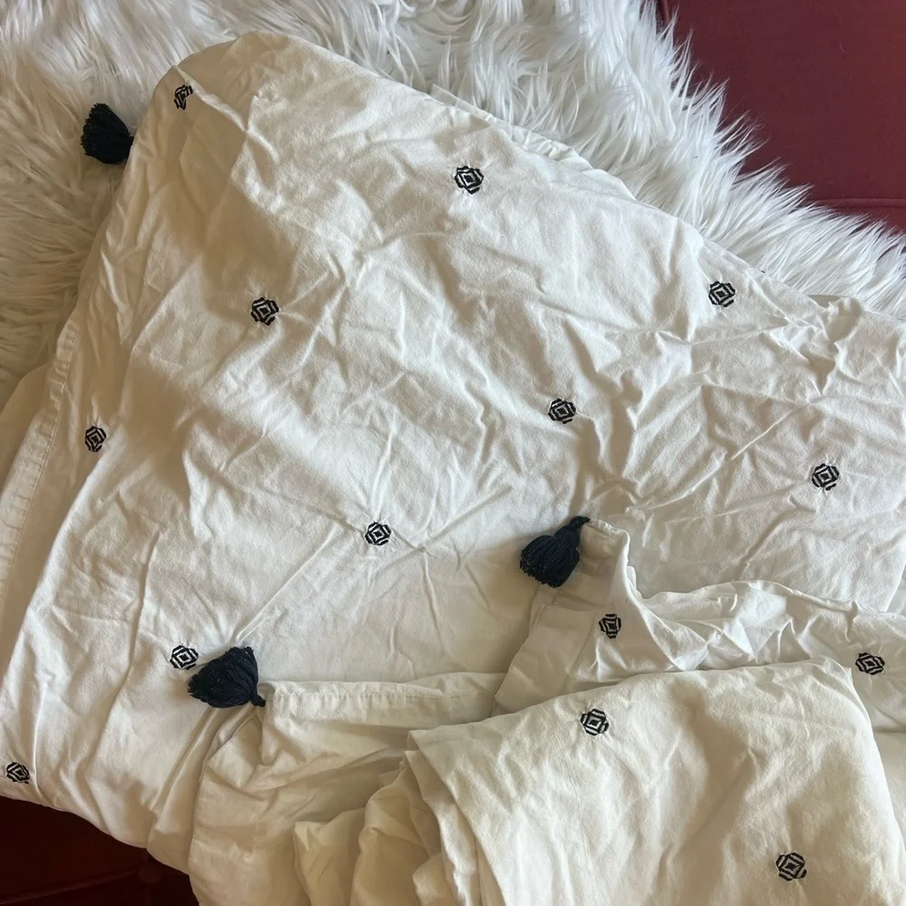 IKEA RÄVTÖREL Duvet Cover Set Queen White Black Tassel Bedding Boho Embroidered